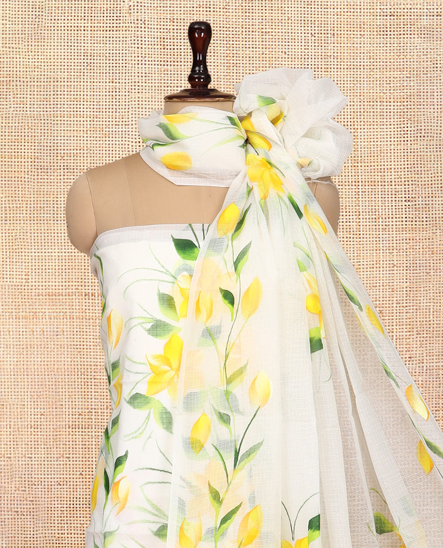 Milk White Net Kota Material Churidar, Adorned with Hand-Brush Painting Floral Printed Top, a Plain Bottom, and Hand-Brush Floral Printed Dupatta