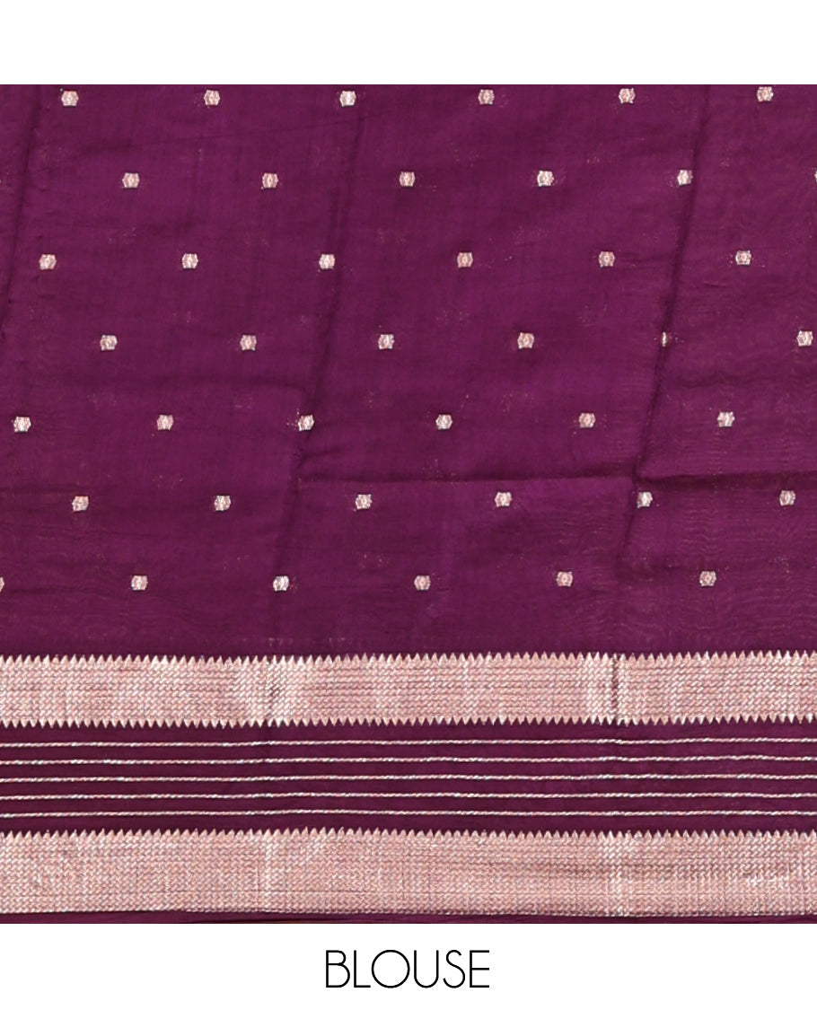 Light Purple Assam Silk Saree, Embellished with Zari Buttas, Complemented by a Contrast Traditional Zari Border, Striped Pallu, and a Contrast Blouse