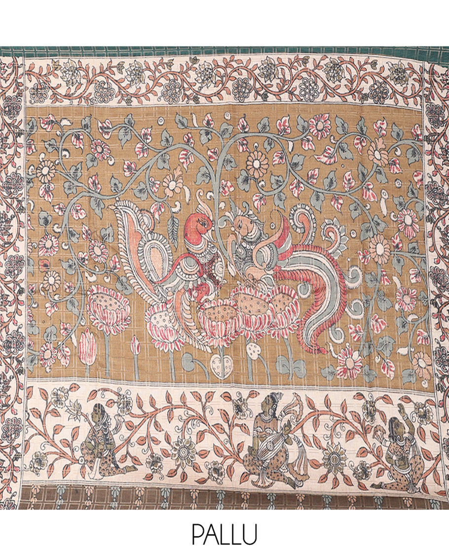 Bottle Green Fancy Tussar Silk Saree, Accentuated with Checked Design, Contrast Zari Piping Border, Kalamkari Pallu, and Contrast Kalamkari Printed Blouse