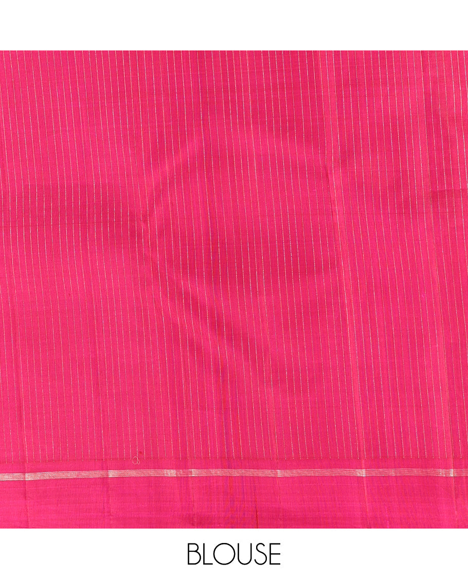 Pink Kanchipuram Silk Saree, Subtly Sparkled with Checks and Buttas, Complemented by a Contrast Border, Grand Jaal Pallu, and a Contrast Blouse
