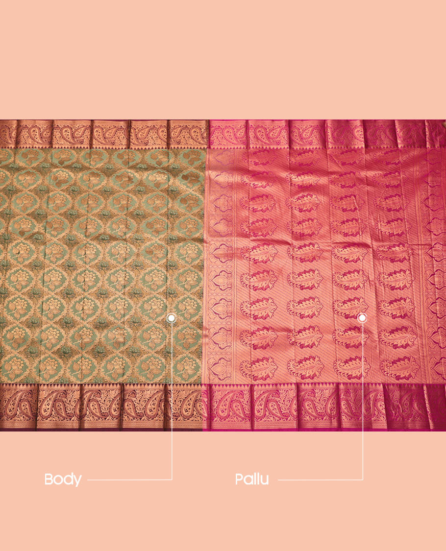Green Budget Silk Saree, Boldly Accentuated with Floral Jacquard, Complemented by Contrast Traditional Zari Border, Intricate Pallu, and a Contrast Blouse