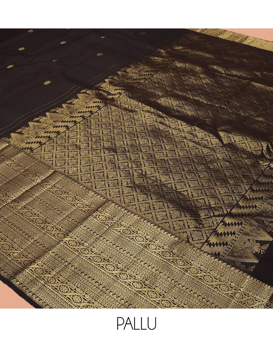 Brown Kanchipuram Silk Saree, Elevated with Zari Buttas, Highlighted by Zari Border of Manga, Paisa, Diamond, Neli, Cross Kamalam, Kathir, and Cross Neli, Jaal Pallu, and a Matching Blouse
