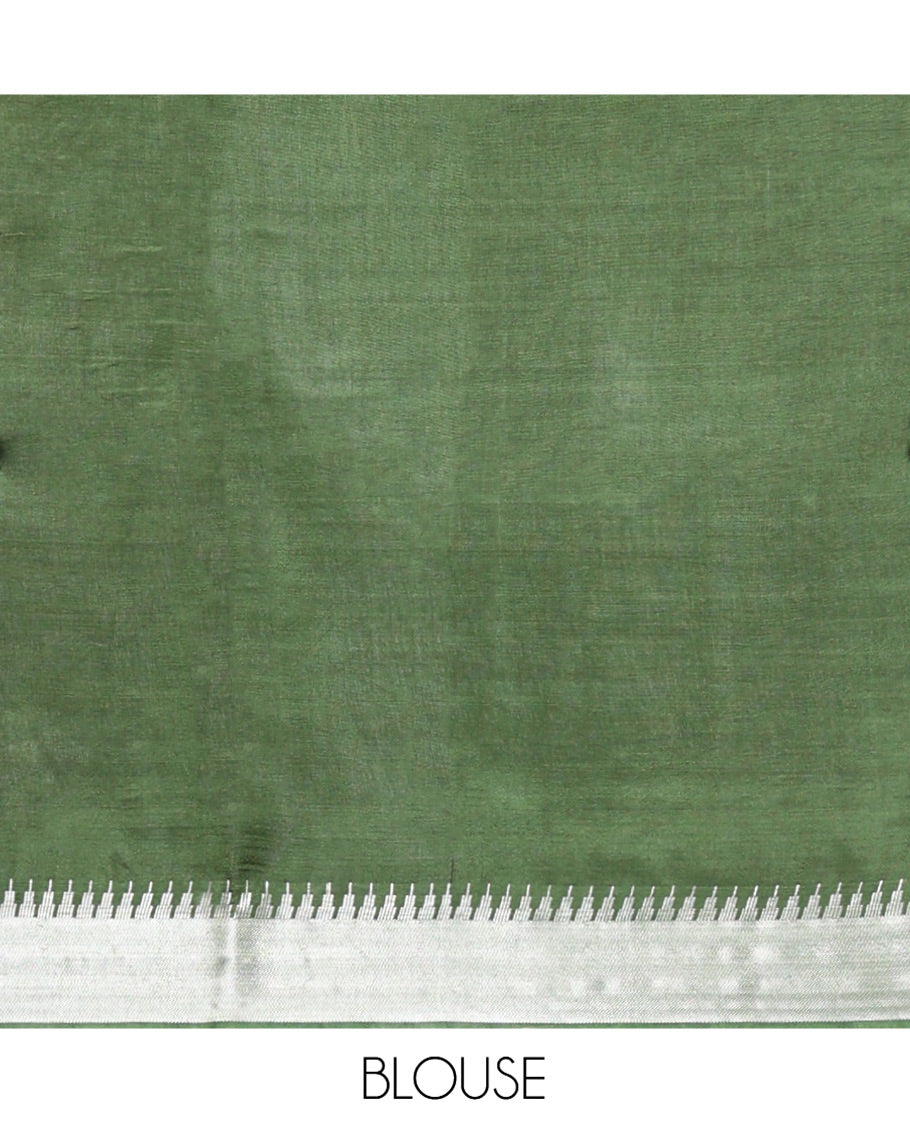 Green Banana Pith Saree, Lightly Embellished with Buttas All Over Its Body, Highlighted by a Zari Temple Border, Gleaming Zari Striped Pallu, and Paired with a Matching Blouse