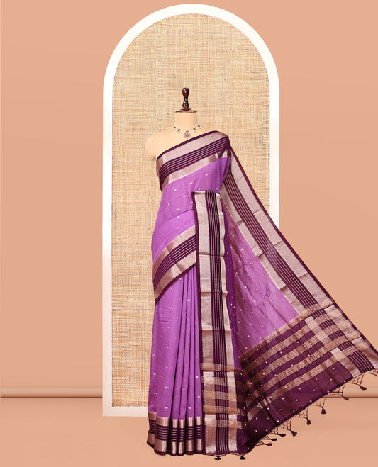 Light Purple Assam Silk Saree, Embellished with Zari Buttas, Complemented by a Contrast Traditional Zari Border, Striped Pallu, and a Contrast Blouse