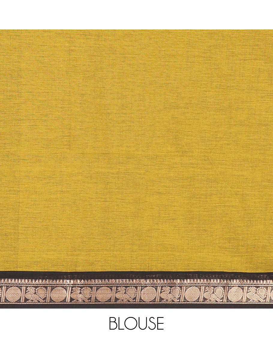 Green Plain Chettinad Cotton Saree, Complemented by a Traditional Zari Border, Striped Pallu, and a Matching Blouse