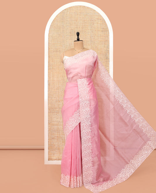 Pink Plain Organza Saree, Floral Vine Sequins Embroidery Border, and Matching Blouse