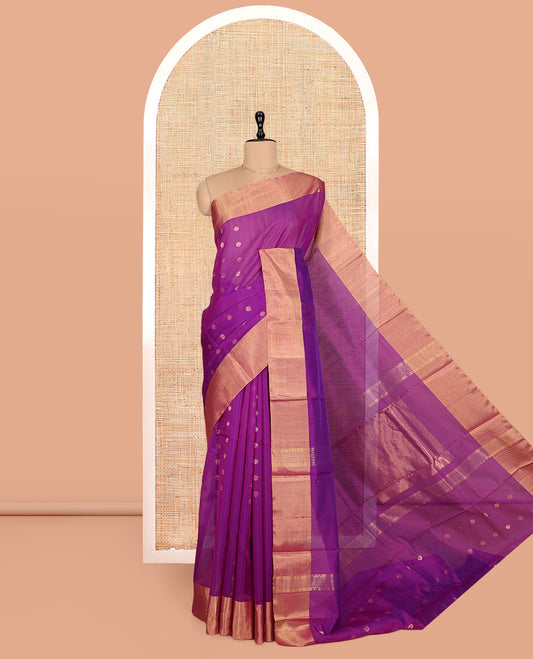 Purple Silk Cotton Saree, Delicately Woven with Zari Buttas, a Zari Border, Zari Striped Pallu, and a Matching Blouse
