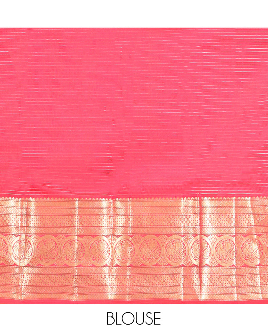 Red Vasundhara Silk Saree, Enriched with Zari Buttas and Checks All Over Its Body, Highlighted by Zari Border of Rekku, Mayil Kann, Vanki, Then Kuli Kann, and Round Mayil Designs, Grand Pallu of Butta Enclosed Checks, and Paired with a Matching Blouse