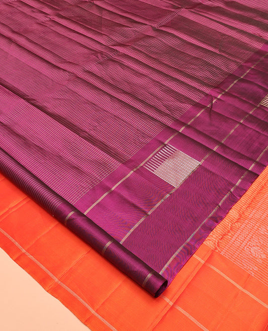 Purple Kanchipuram Silk Saree, Beautified with Checks, Highlighted by a Zari Border of Seppu Rekku Designs, Pallu of Jaal Design, and a Contrast Blouse