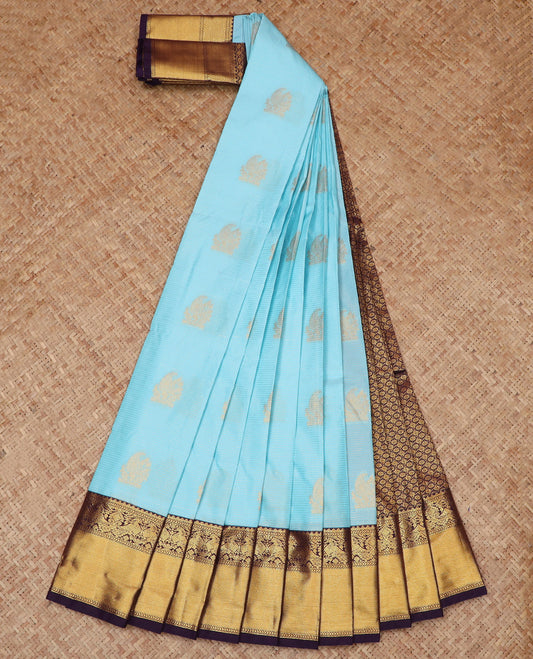 Powder Blue Budget Silk Saree Artfully Detailed with Zari Buttas and Zari Stripes, Highlighted with a Contrast Traditional Zari Design Border, Featuring a Pallu of Jaal Design, and Paired with a Contrast Blouse