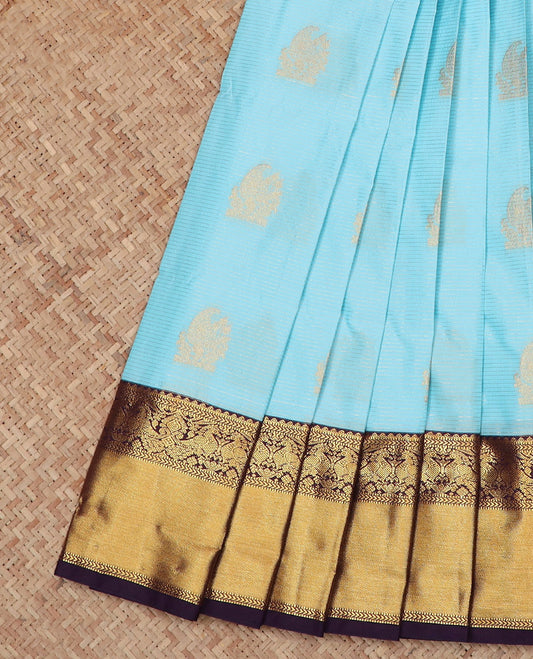 Powder Blue Budget Silk Saree Artfully Detailed with Zari Buttas and Zari Stripes, Highlighted with a Contrast Traditional Zari Design Border, Featuring a Pallu of Jaal Design, and Paired with a Contrast Blouse