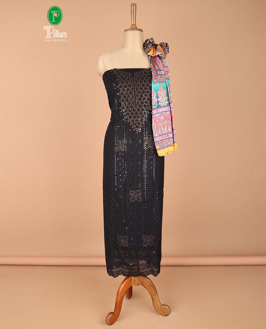 Black chudidhar material shifili all-over stone work with hand peats top with crape material pants & chinnon material pakistani print , mirror work dupatta