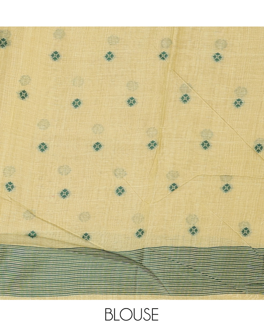 Green Munga Cotton Saree, Beautified with Floral Buttas, a Contrast Floral-Bird Printed Border, and a Matching Blouse