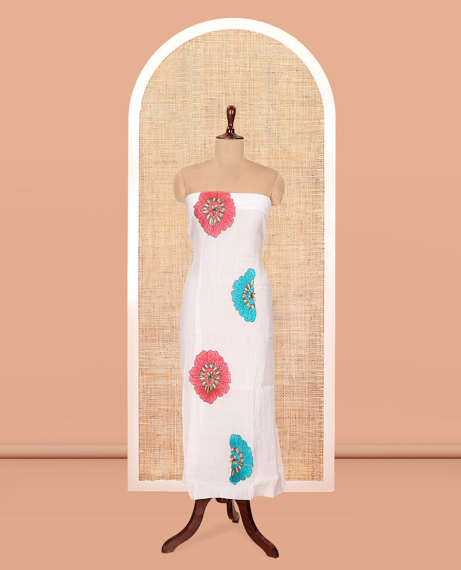 Cream-Pink Mul Chanderi Material Chudidar, Floral Embroidery Top, Matching Bottom, Floral Embroidery Dupatta