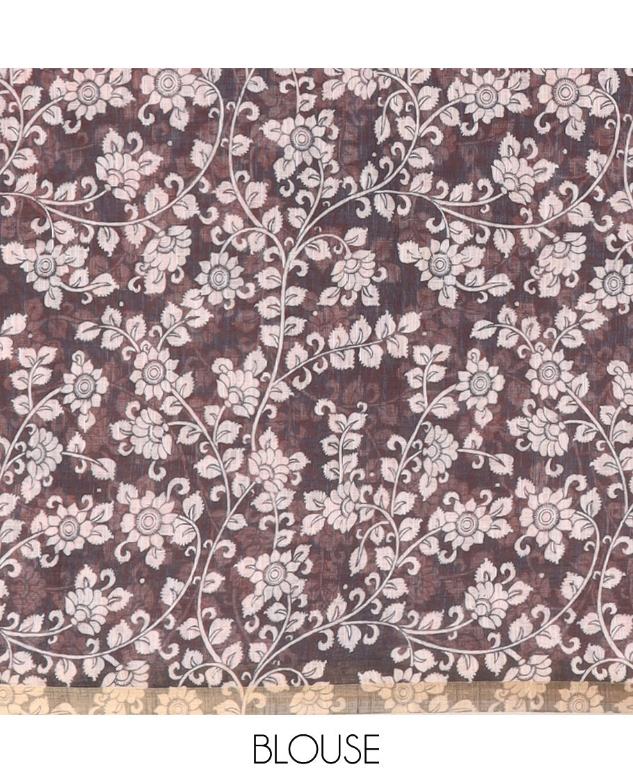 Fanta Linen Cotton Saree Features Kalamkari-Style Human Motifs Print, a Piping Border, Contrast Printed Pallu, and Contrast Blouse