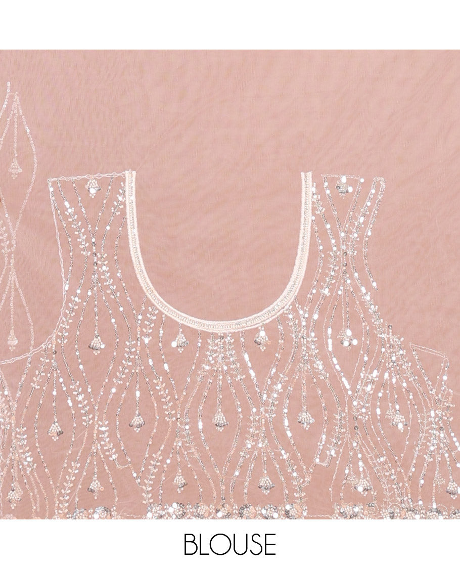 Off-White Net Saree, Enthralled with Ogee Sequins Embroidery, a Scalloped Border, and Contrast Embroidered Blouse