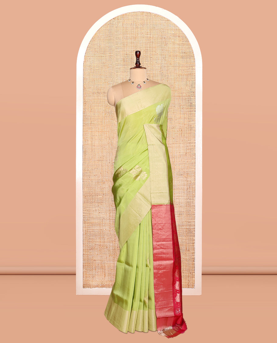 Green Semi Uppada Saree, Elevated with Zari Buttas, a Bavanji Border, Contrast Floral Pallu, and a Contrast Blouse