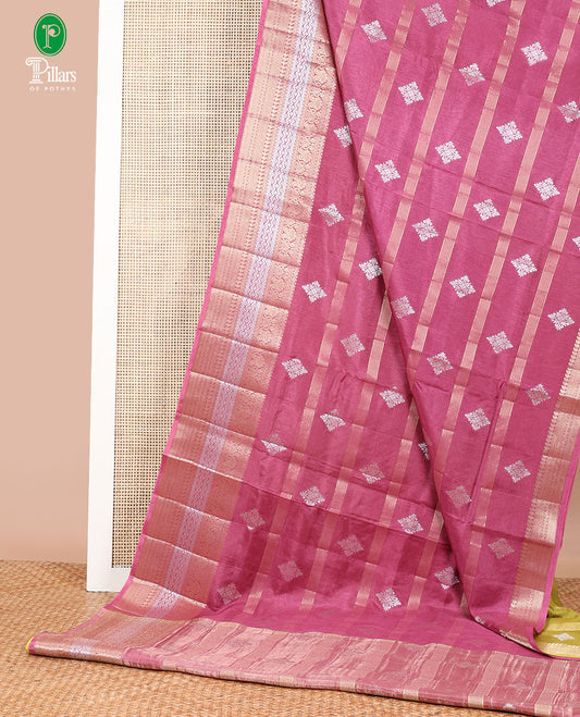Onion pink owven butta , stripes dola silk saree with zari border & chit pallu along with contrast blouse