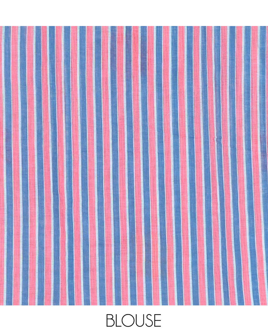 Sea Blue Linen Cotton Saree, Beautified with Flower Buttas, a Contrast Border, Multi-Color Striped Pallu, and a Contrast Blouse