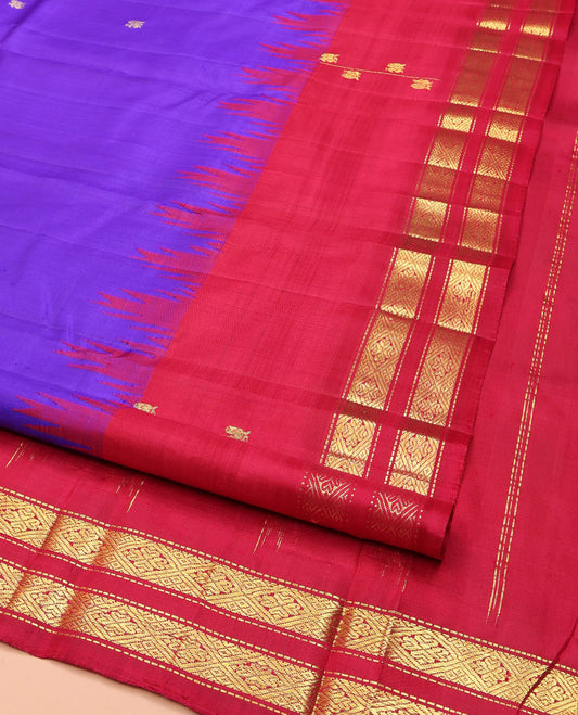 Dark Violet Kanchipuram Silk Saree, Accentuated with Zari Buttas on Its Body, Complemented by a Contrast One-Sided Thazampoo Rekku Rettai Pettu Border of Muthu, and Diamond Designs, Pallu of Zari Designs, and Comes Without a Blouse