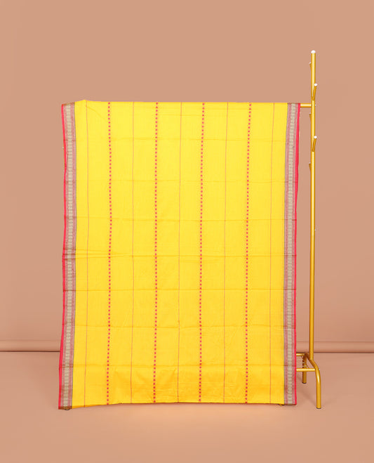 Yellow Narayanpet Cotton Saree, Adorned with Stripes, Complemented by a Contrast Temple Traditional Zari Design Border, Striped Pallu, and Comes Without a Blouse