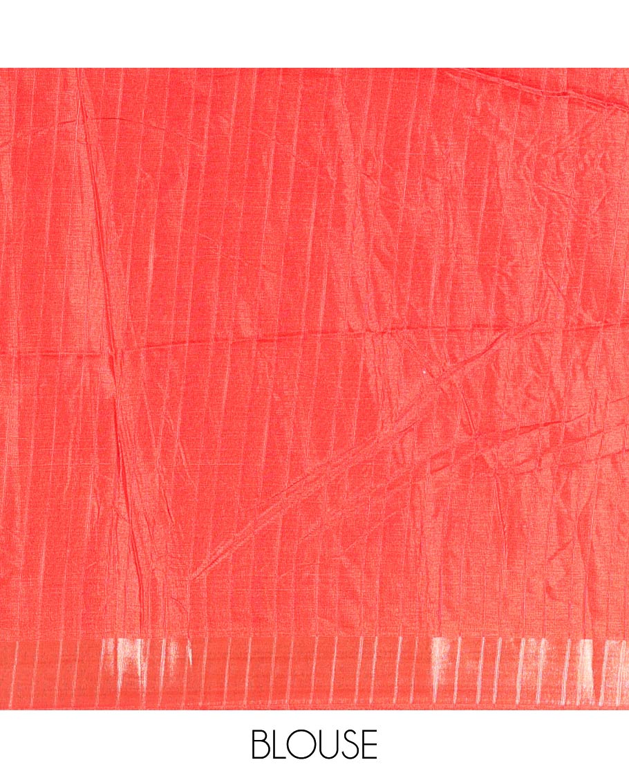 Off-White Plain Dola Silk Saree Accentuated with Contrast Border of Leaf Vines Print and Zari Work, Pallu of Floral and Geometric Print, and Paired with a Contrast Blouse