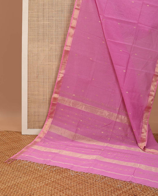 Light pink round motifs maheshwari cotton saree with self zari border & round motifs, striped pallu