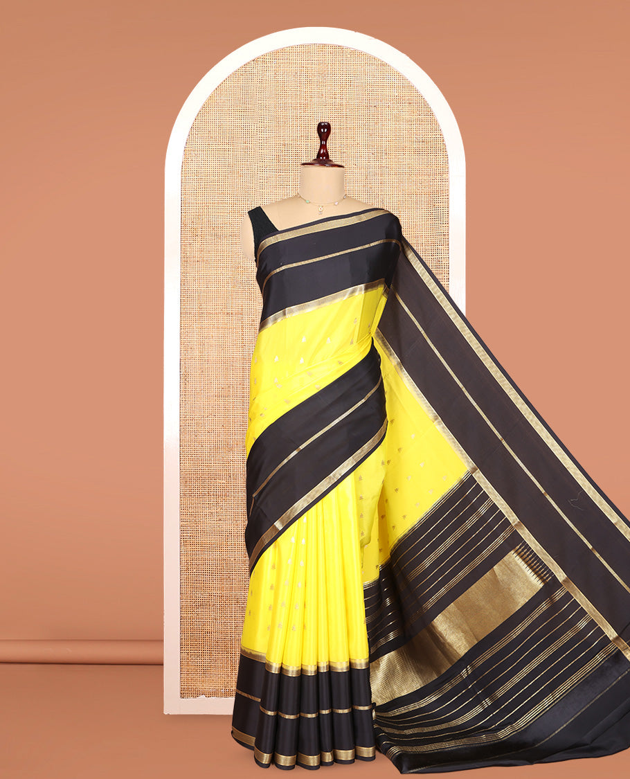 Yellow Mysore Silk Saree, Gleamed Up with Zari Buttas, Complemented by a Contrast Traditional Zari Border, Grand Temple Pallu, and a Contrast Blouse