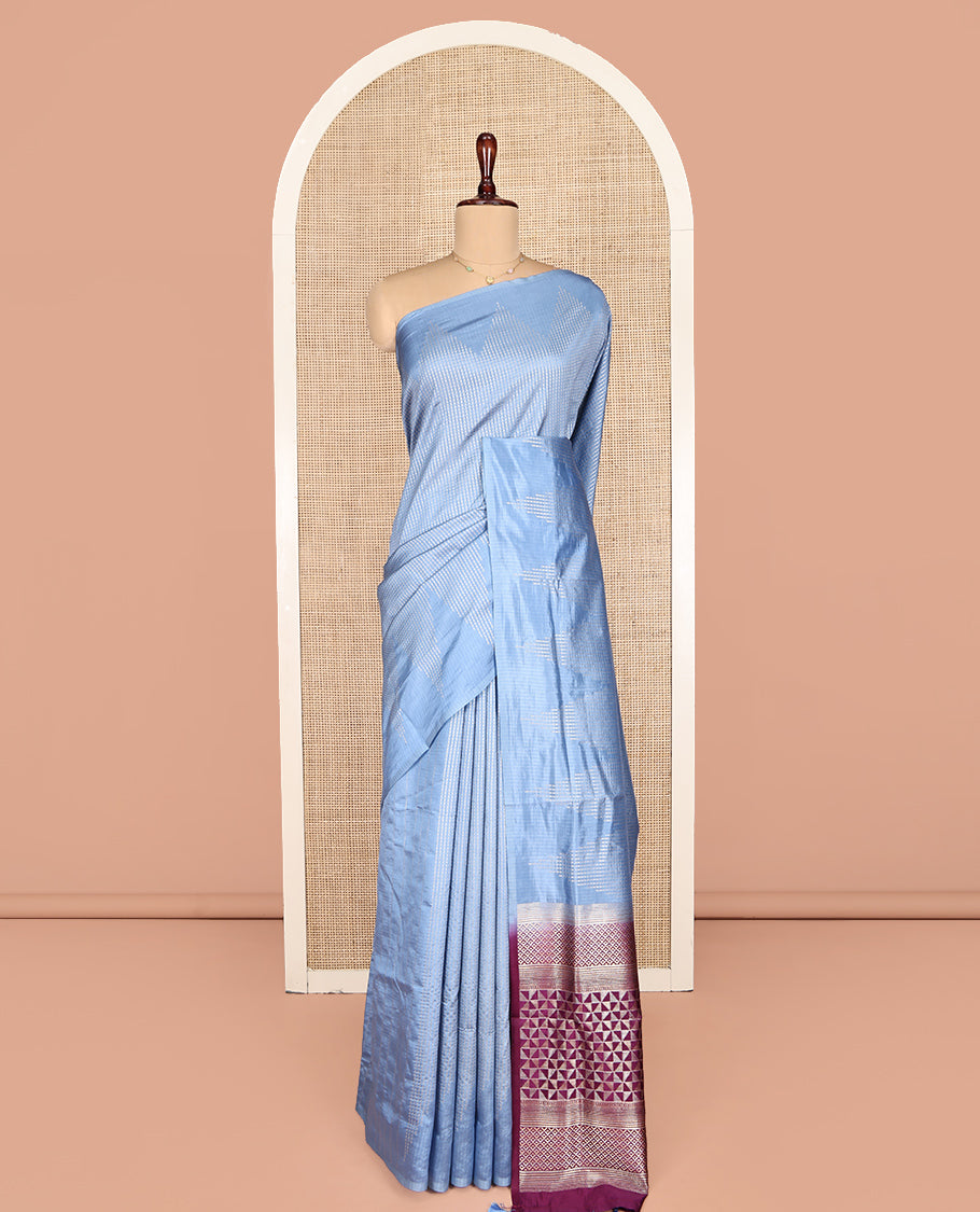 Blue Dupion Silk Saree, Woven with Micro-Checks, Highlighted by Temple Border, Complemented by a Contrast Geometric-Patterned Pallu, and a Contrast Blouse