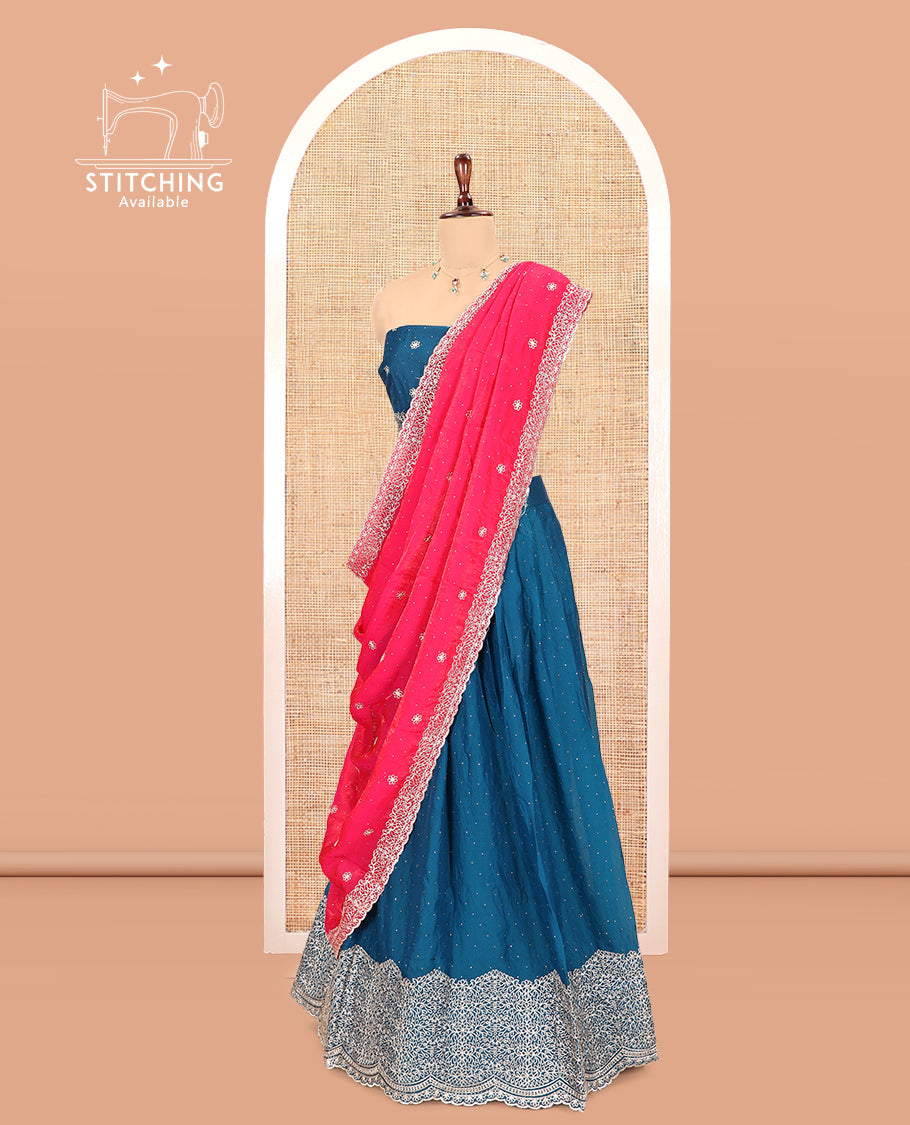 Peacock Blue Velvet Organza Half-Saree with Glitter Work Skirt, Embroidered Border, a Matching Blouse, and Contrast Embroidered Dhavani