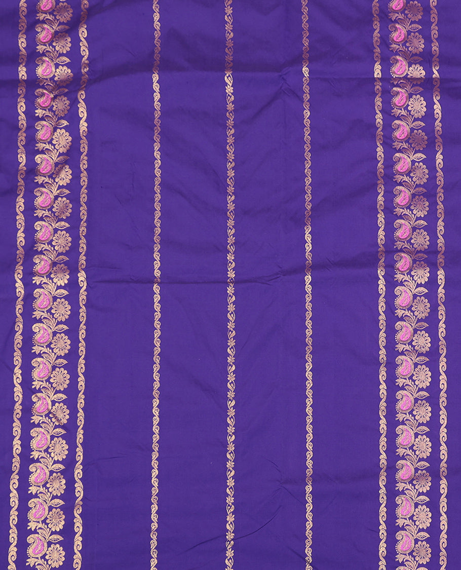 Violet Art Silk Pavadai Material Set, Graced with Zari Designs on Its Skirt, Complemented by a Contrast Floral Zari Border, and a Matching Blouse