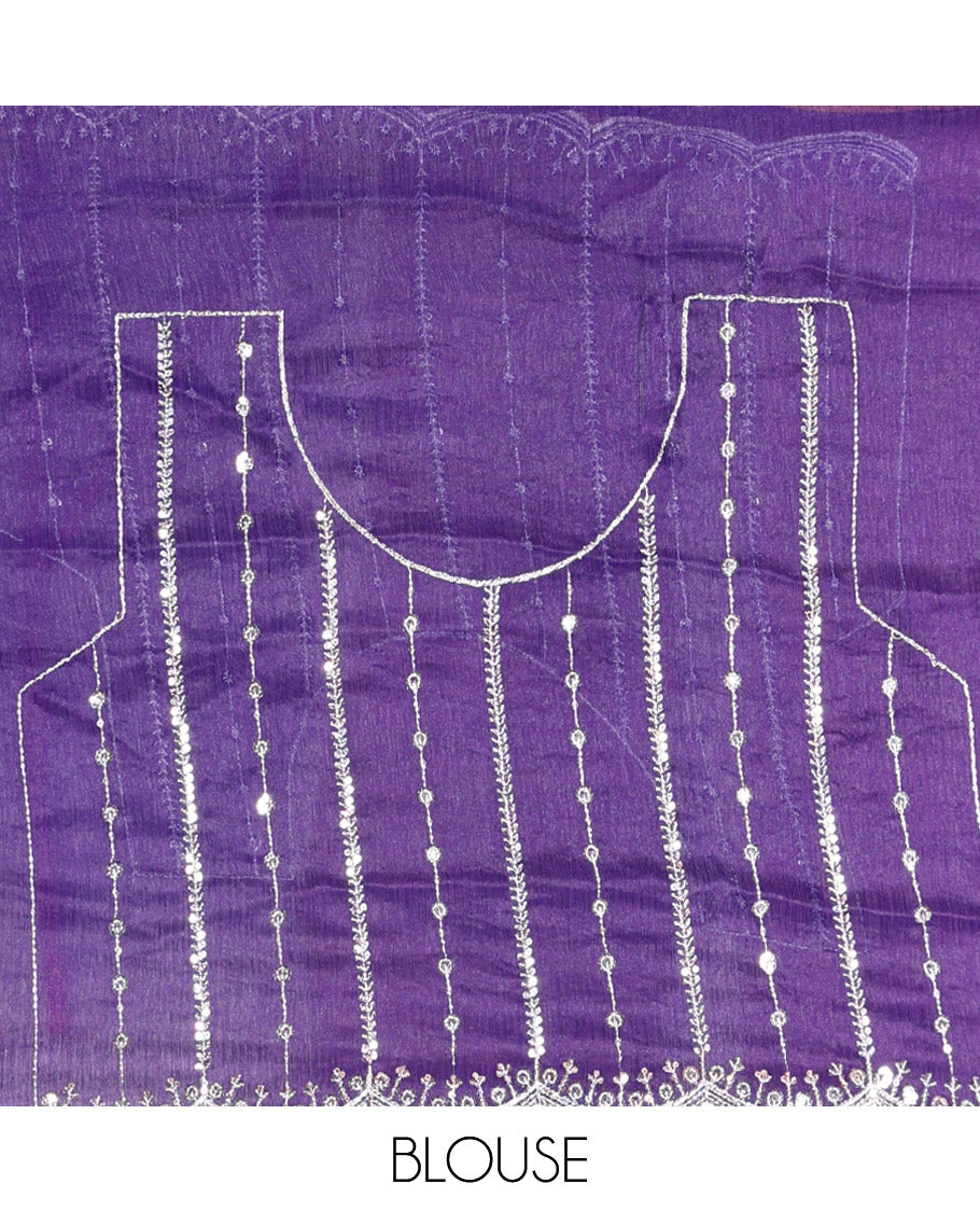Violet Fendy Chiffon Saree Highlighted with Sequins and Thread Stripes Embroidery, Scallop Embroidered Border, Elegantly Embroidered Pallu, and Paired with a Matching Blouse