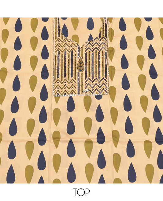 Yellow Cotton Material Churidar Set Featuring Unique Motif Print and Embroidery Top, Geometric Printed Bottom, and Dupatta