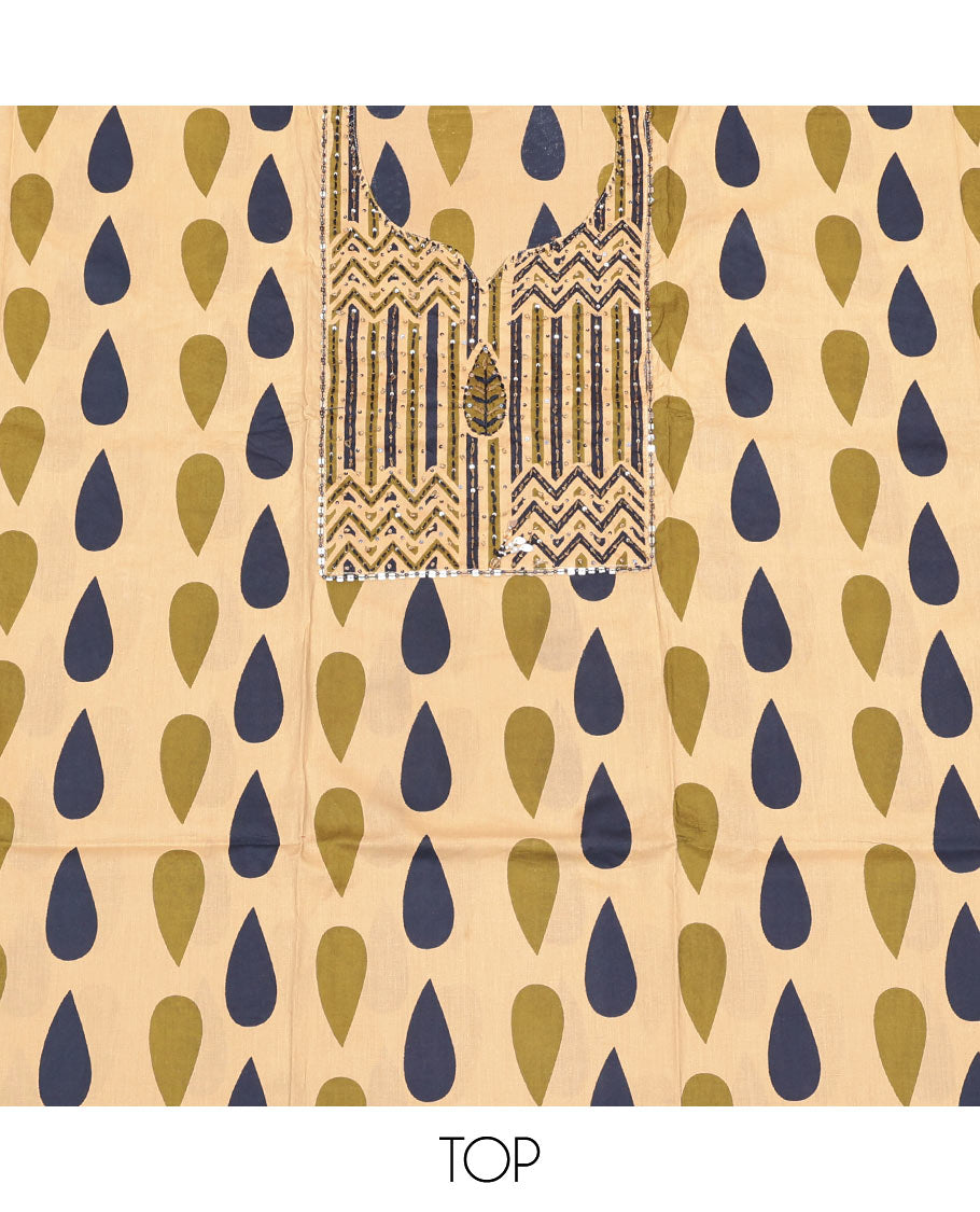 Yellow Cotton Material Churidar Set Featuring Unique Motif Print and Embroidery Top, Geometric Printed Bottom, and Dupatta