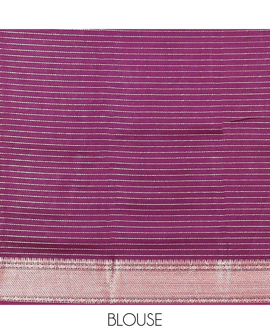 Yellow Assam Silk Saree, Sparsely Sparkled with Zari Stripes, Complemented by Contrast Zari Border of Traditional Designs, Pallu Features Zari Stripes, and Paired with a Contrast Blouse