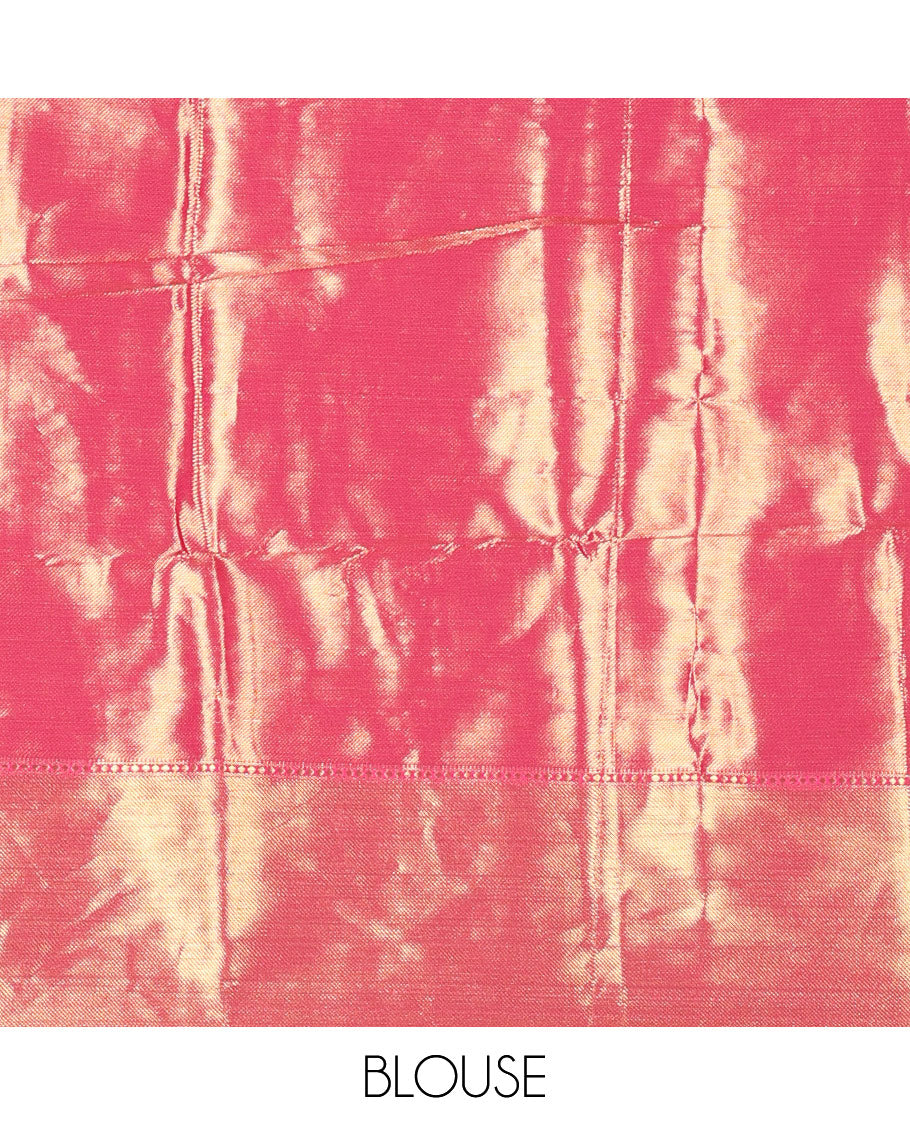 Gold Tissue Saree Features Floral Jacquard Design Woven All Over Its Body, Features a Contrast Gleaming Zari Traditional Design Border, Zari-Enriched Pallu, and a Matching Blouse