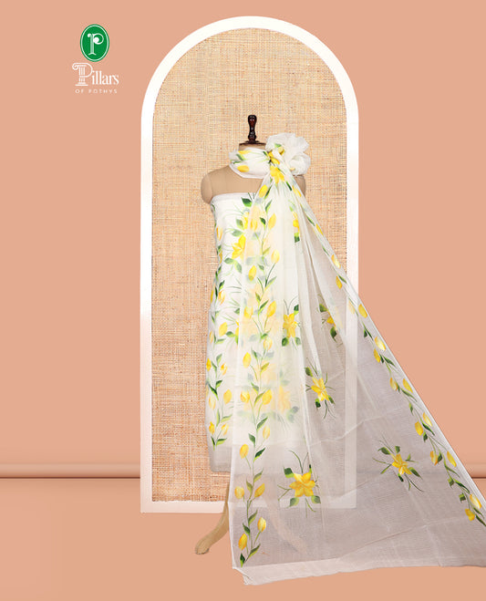 Milk White Net Kota Material Churidar, Adorned with Hand-Brush Painting Floral Printed Top, a Plain Bottom, and Hand-Brush Floral Printed Dupatta