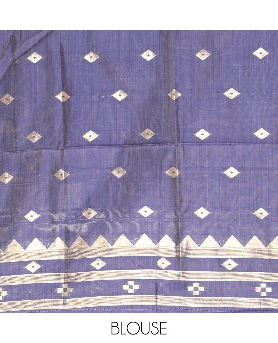 Purple Jute Cotton Saree, Adorned with Diamond Meena Buttas All Over Its Body, Complemented by a Contrast Border, Pallu of Jamdhani-Style Floral Designs, and Paired with a Contrast Blouse