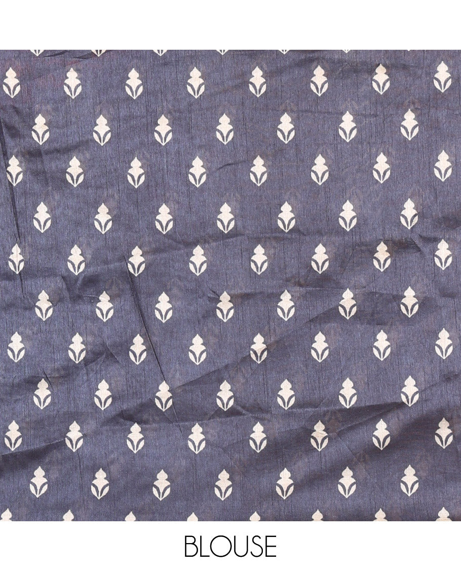 Chikku Semi-Tussar Saree Features Fish, Bird, and Human Motifs, Contrast Ganga-Jamuna Temple Floral Border, Geometric-Floral Print Pallu, and a Contrast Blouse