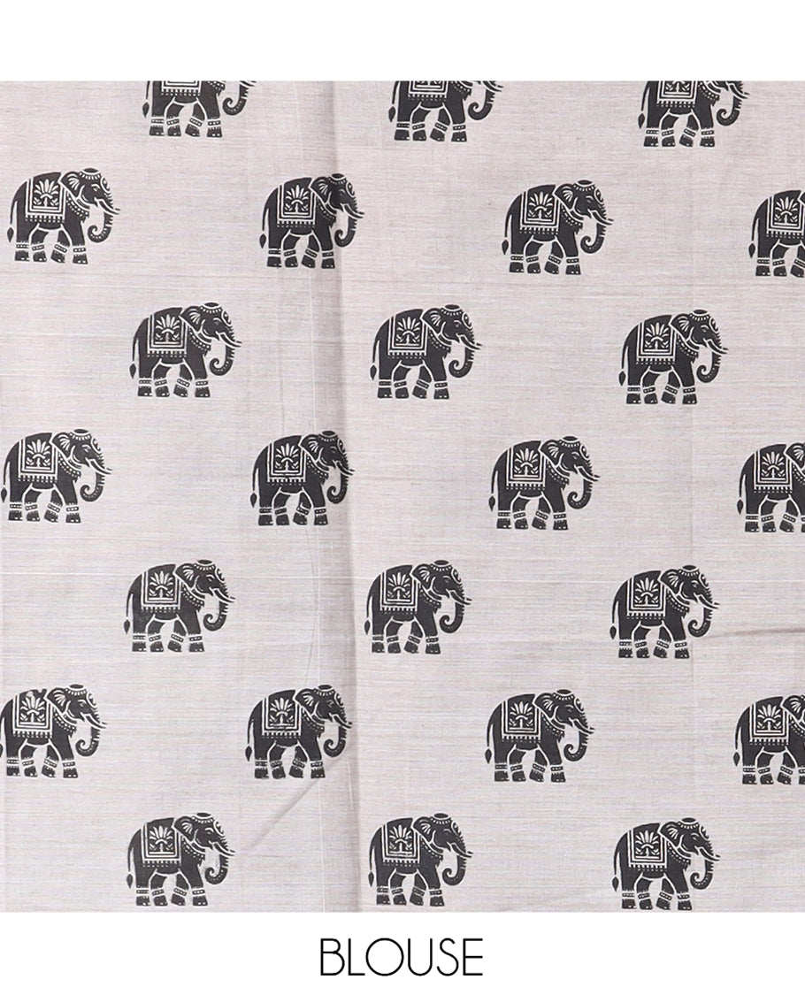 Light Brown South Cotton Saree Features Leaf and Elephant Motifs Print, a Subtle Printed Border, and a Matching Blouse
