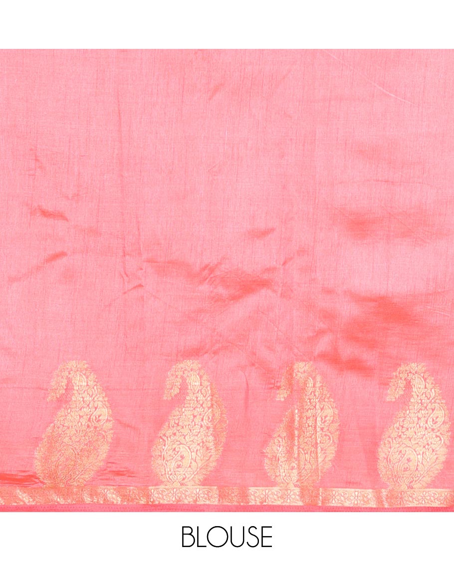 Light Pink Plain Semi-Tussar Saree Artfully Detailed with a Self Border Featuring Floral and Paisley Zari Weave, Adorned with a Zari-Striped Pallu, Paired with a Matching Zari-Woven Blouse