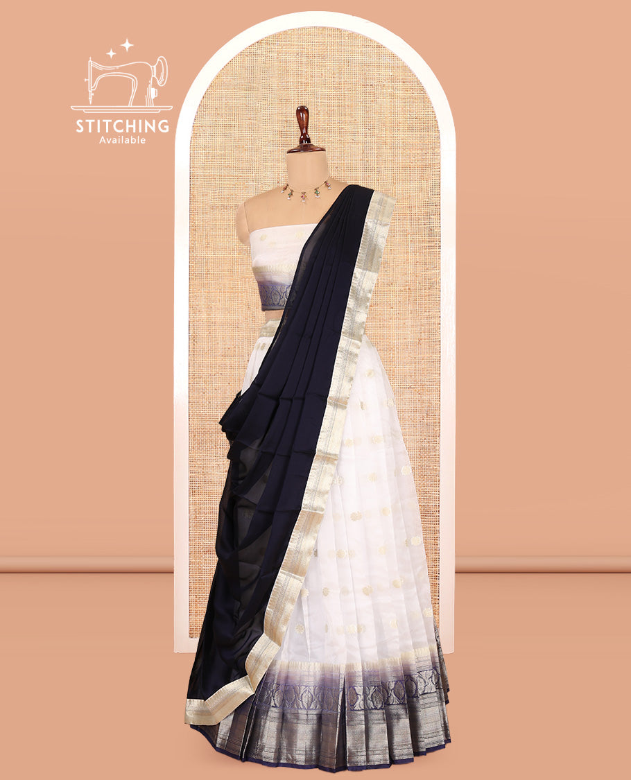 Cream-Blue Organza Half-Saree Features Zari Buttas Skirt, Contrast Traditional Border, Matching Blouse, Contrast Dhavani