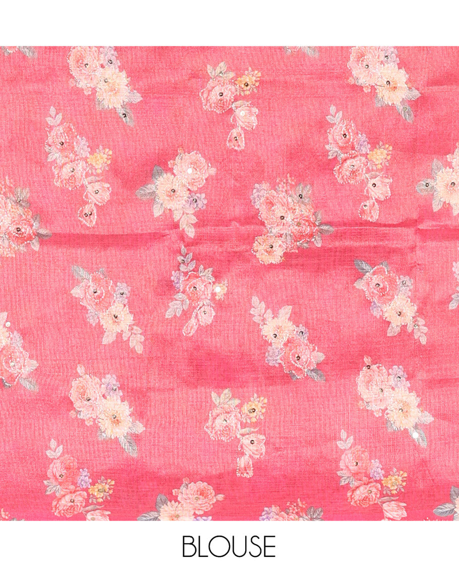 Rani Pink Fancy Tussar Saree, Polka Dotted Border, a Floral Printed Blouse, Matching Blouse