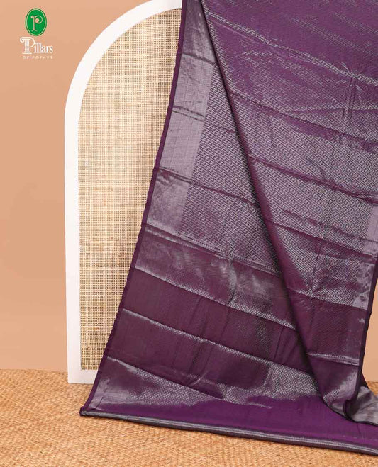 Wine color antique zari striped desig soft silk saree with self border & self pallu along with silver zari blouse