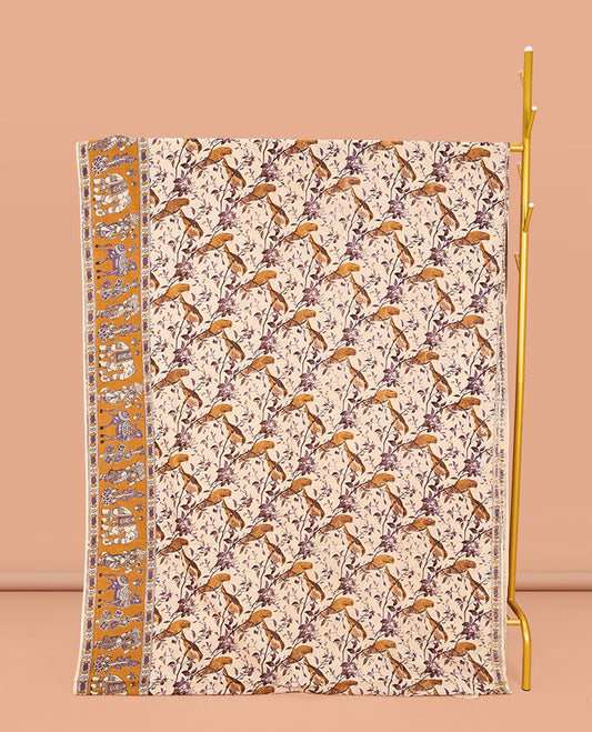Light-Sandal Machine-Printed Kalamkari Cotton Saree, Elevated with Floral and Bird Motifs on Its Body, Complemented by a Contrast Border, Pallu of Radha Krishnan Motifs Print, and Paired with a Printed Blouse