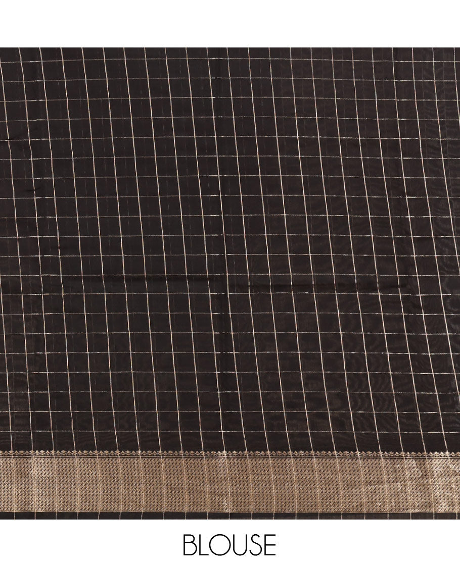 Black Zari Checked Assam Silk Saree, Highlighted by a Traditional Zari Border, Gleaming Zari-Striped Pallu, and a Matching Blouse