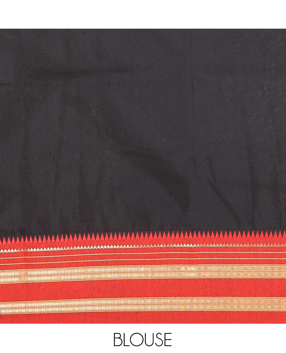 Black-Red Plain Mercerised Cotton Saree, Contrast Traditional Thread Temple Border, Striped Pallu, and a Matching Blouse