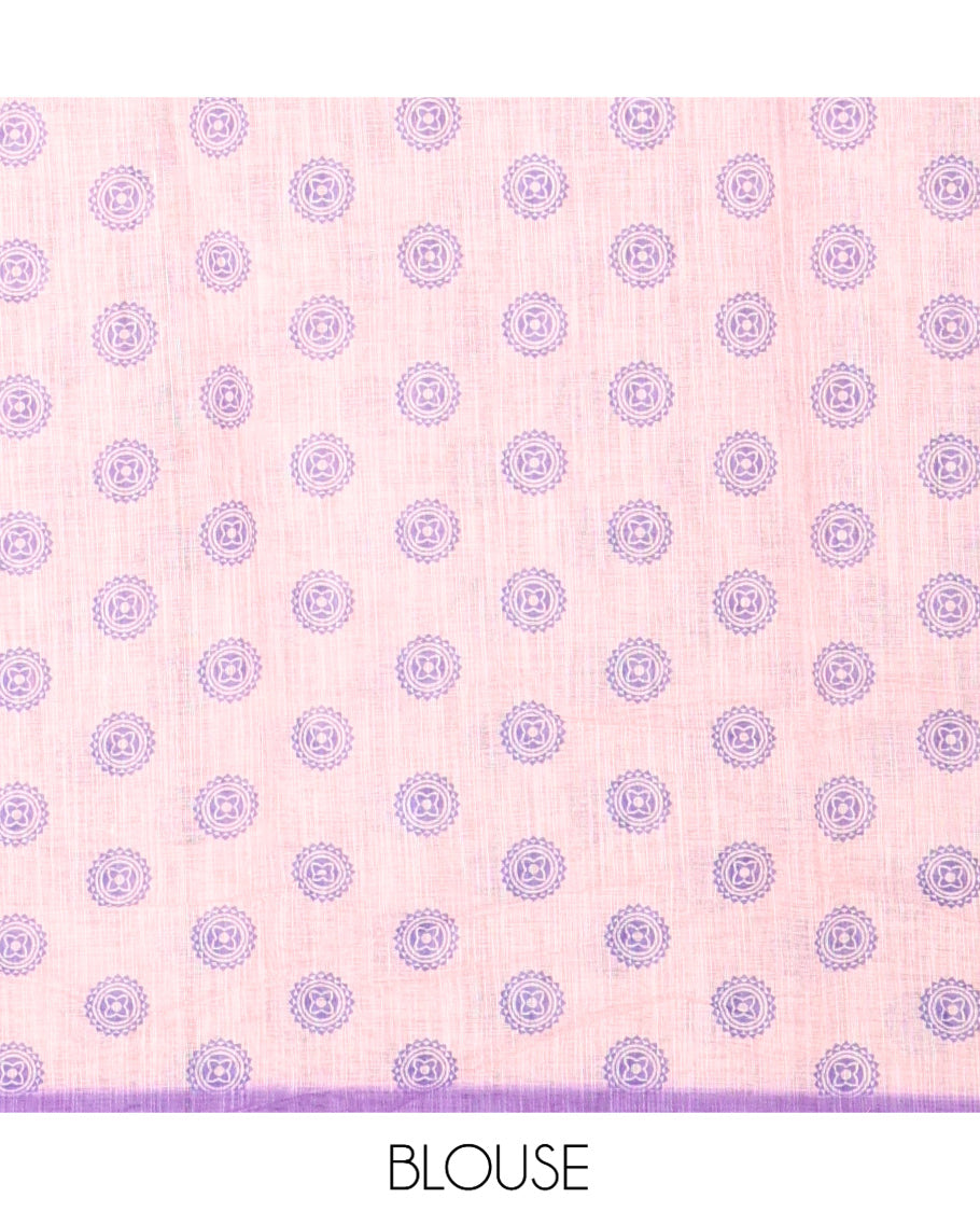 Violet Linen Cotton Saree Features Warli Print, a Contrast Piping Border, a Floral-Printed Pallu, and a Contrast Blouse