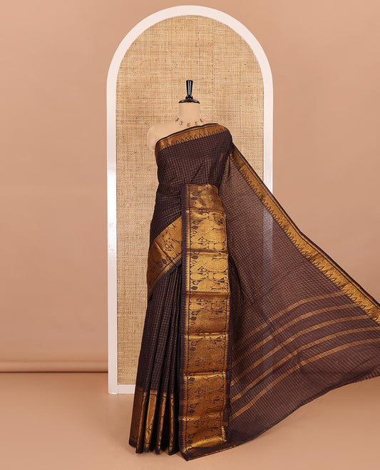 Brown zari checked sungudi cotton saree, temple traditional zari border, zari striped pallu, and a contrast veldhari design woven blouse