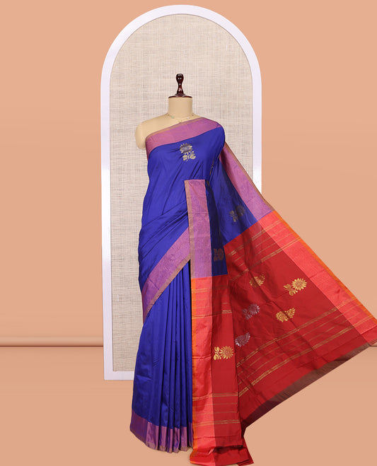 Blue Arani Saree, Adorned with Floral Zari Buttas, a Contrast Border, Contrast Floral Buttas Pallu, and a Contrast Blouse